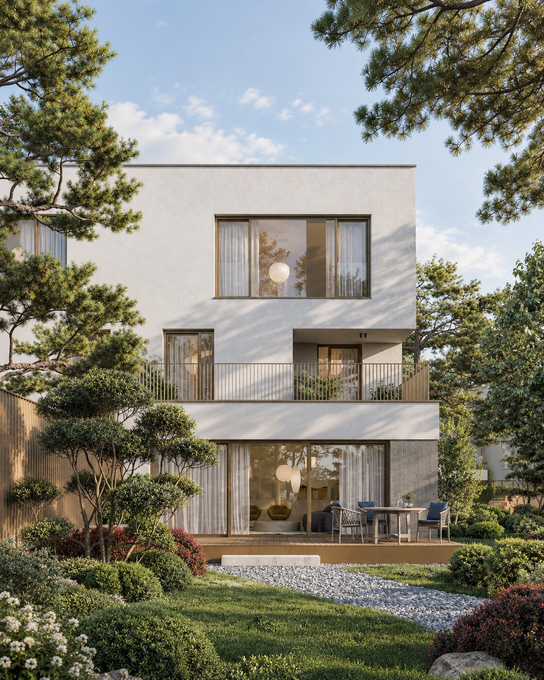 Green Lake villa elevation with terrace and mature garden planting