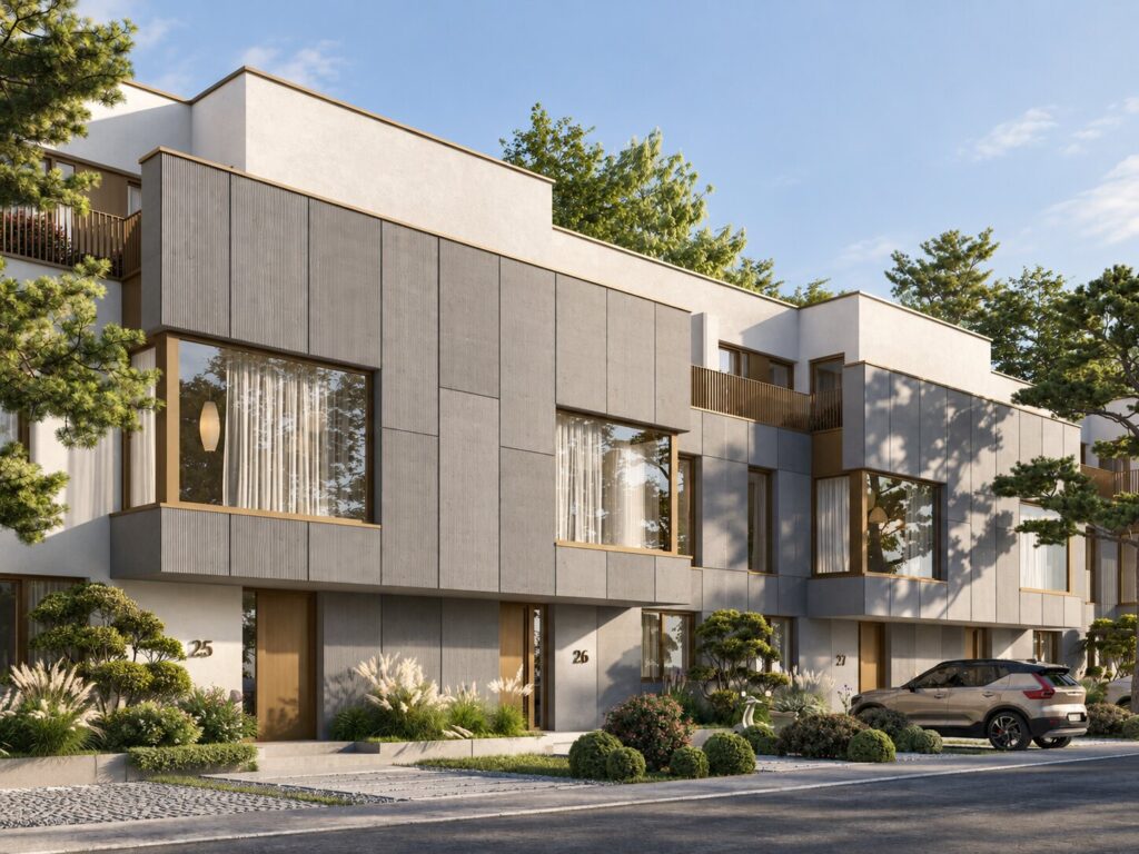 Row of Green Lake townhouses with concrete and timber facades